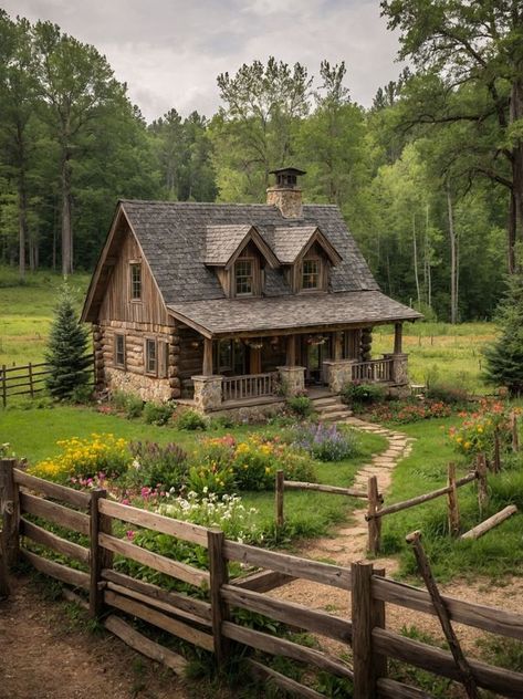 Medium Cottage House, Log Cabin Outside, Rustic Country Home Exterior, Cabin Style Home Exterior, Log Cabin Landscaping, Cabin Sunroom, Log Siding Exterior, Cozy Cottage In The Woods, Cabin Landscaping