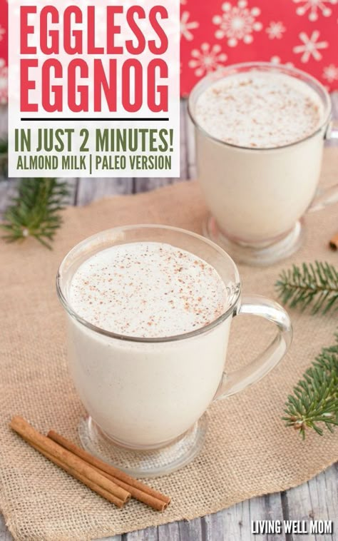 Enjoy this holiday classic even if you’re dairy free! Eggless eggnog is easy to make with ingredients already in your kitchen. Plus, you can add an alcoholic twist with a splash of rum! Eggless Eggnog Recipe, Eggless Eggnog, Almond Milk Egg Nog, Dairy Free Egg Nog, Vegan Eggnog, Homemade Eggnog, Vegan Egg, Christmas Recipes Appetizers, Eggless Recipes