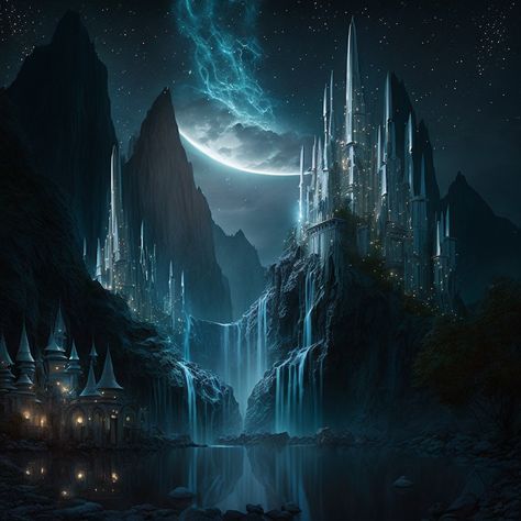 Elvish city of stars Elf Kingdom Fantasy Art, Star Kingdom Aesthetic, Fantasy City At Night, Dark Kingdom Fantasy Art, Fae City, Elvish City, Book Aesthetic Photo, Lunar Kingdom, Ethereal City