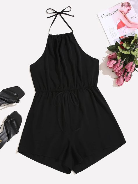 Black Casual  Sleeveless Polyester Plain Cami  Non-Stretch Summer Plus Size Jumpsuits & Bodysuits Cami Romper, Halter Romper, Plus Size Jumpsuit, Black Romper, Black Pattern, Tie Backs, Tie Back, Trendy Outfits, Knot