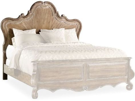 Stunning with its sweeping shaped silhouette, the Chatelet Panel king-sized headboard exudes romance and vintage charm. The Caramel Froth finish over Pecky Pecan Veneers with a touch of aged white to highlight distinctive grains and moldings gives an aura of rustic luxury. French Country Headboard, Country Headboard, Wood Panel Headboard, Hooker Furniture Bedroom, French Headboard, Rustic Luxury, King Upholstered Bed, Furniture Dimensions, Sanctuary Bedroom