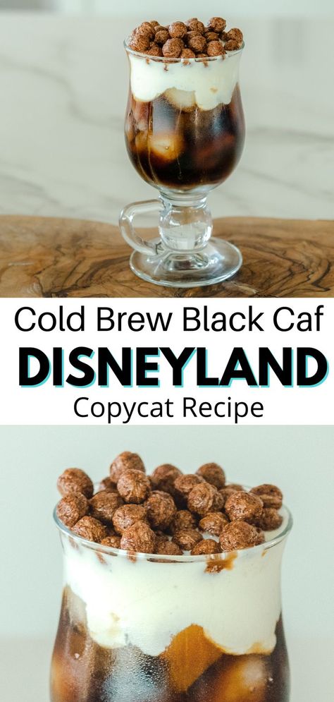 The Cold Brew Black Caf from Disneyland in a glass coffee cup Sweet Foam Cold Brew, Disneyland Black Caf Cold Brew, Disneyland Coco Puff Cold Brew, Creative Coffee Recipes, Cream Cheese Cold Foam, Cream Cheese Foam Recipe, Cold Brew Recipes Drinks, Cream Cheese Foam, Disneyland Coffee