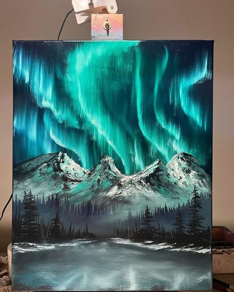 Art About Light, The Northern Lights Painting, Mountain Northern Lights Painting, Northern Lights Abstract Painting, Acrylic Painting Aurora Borealis, Northern Lights Mountains Painting, Paint The Northern Lights, Northern Lights Painting Ideas, Northen Light Painting