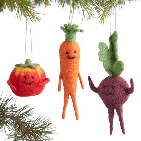 Felted Wool Veggie Ornaments Set of 3 by World Market Felt Vegetables, Food Ornaments, Unique Christmas Ornaments, Colorful Vegetables, Saint Nicolas, Red Tomato, Natural Christmas, Unique Ornament, Christmas Ornament Sets