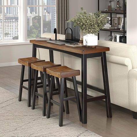 Amazon.com - Lexicon Bar Table Set for 3, Small Kitchen Table Set Kitchen Island Table with 3 Saddle Bar Stools, 4 Piece Dining Table Set for Breakfast Nook, Living Room, Apartment, Pub Height, Black - Table & Chair Sets Small Kitchen Set, Nook Living Room, Small Kitchen Table Sets, Breakfast Bar Table, Small Kitchen Table, Saddle Bar Stools, Bar Table Set, Kitchen Table Set, Bar Stools Kitchen Island