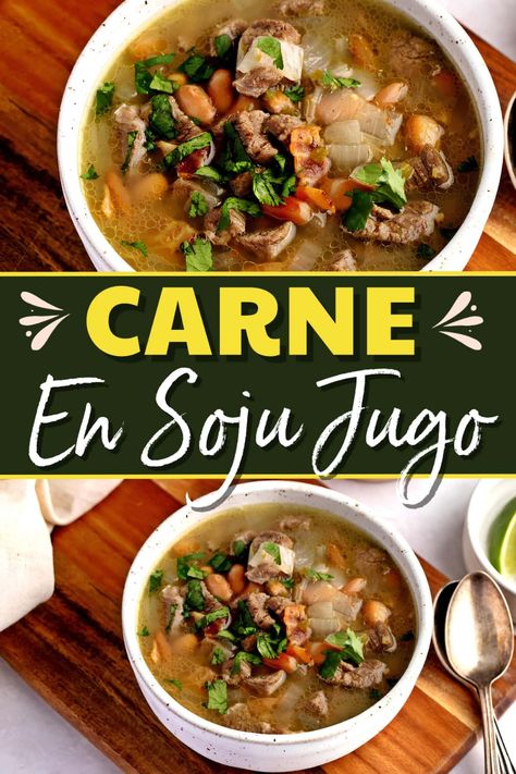 This traditional carne en su jugo is flavorful and hearty. It's delicious flank steak simmered in its own juices, coupled with bacon, beans, tomatillos, and more. Carne En Su Jugo Recipe Easy, Bacon Beans, Easy Mexican, Mexican Food Recipes Easy, Tender Beef, Incredible Recipes, Flank Steak, Dinner Recipes Crockpot, Mexican Recipes