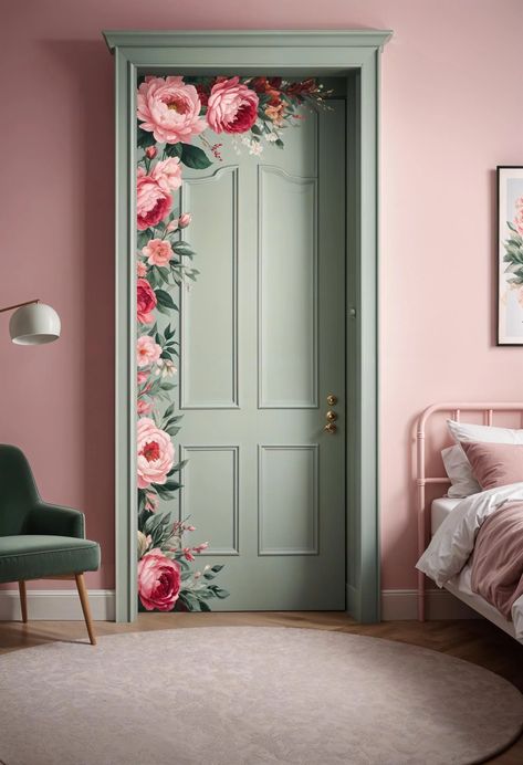 31 Chic Sage Green and Pink Bedroom Inspirations 37 Sage Green And Pink Bedroom, Pink Bedroom Inspirations, Green And Pink Bedroom, Painted Bedroom Doors, Sage Green And Pink, Living Room Wall Color, Room Wall Painting, Purple Rooms, Pink Curtains