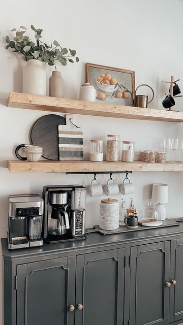 Coffee Bar White Cabinets, Chair Rail In Kitchen, Kitchen Nook Shelving Ideas, Coffee Bar Asthetic Picture, Styling A Buffet In Kitchen, Styling Coffee Bar Shelves, Floating Shelve Decoration Ideas Kitchen, Coffee Bar Shelf Decor Ideas, Bar Space In Kitchen