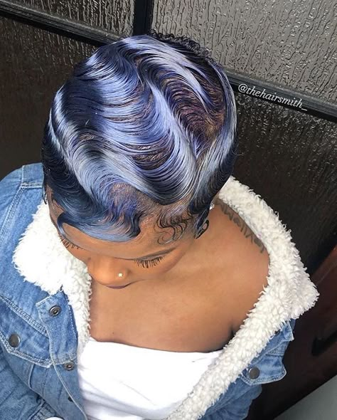 VoiceOfHair ®️ on Instagram: “Feeling blue💎 Gorgeous color and waves on this beauty @_nishaaaaa by @thehairsmith_ 💙✂️Would you rock it? Swipe left✨ #voiceofhair…” Finger Waves Short Hair, Finger Wave Hair, Natural Hair Short Cuts, Finger Waves, Dope Hairstyles, Hair Laid, Short Natural Hair Styles, Hair Waves, Prom Hair