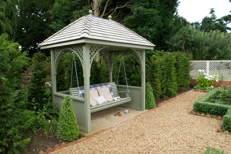 Swing seat arbour, painted. The Garden Trellis Company.  Perfect for any weather. Great focal point too. Arbour Seat Ideas, Arbour Ideas, Porch Trim, Arbour Seat, Small Gazebo, Contemporary Garden Furniture, Garden Seating Area, Contemporary Garden Design, Garden Arbor