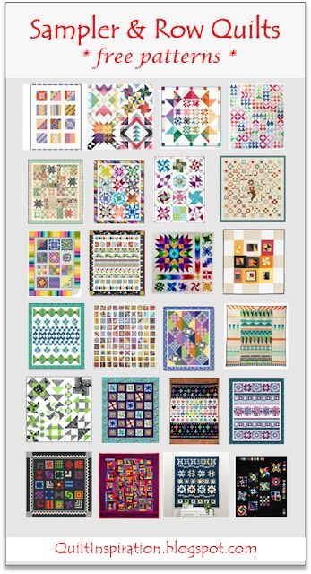 Quilt Inspiration: Free pattern day! Sampler & Row Quilts Modern Sampler Quilt Patterns, Row By Row Quilt Patterns Free, Quilt Sampler Blocks, Row Quilts Ideas Free Pattern, Free Quilt Pattern Downloads, Row Quilt Patterns, Hexagon Quilt Pattern Free, Sampler Quilt Patterns Free, Row By Row Quilts Ideas