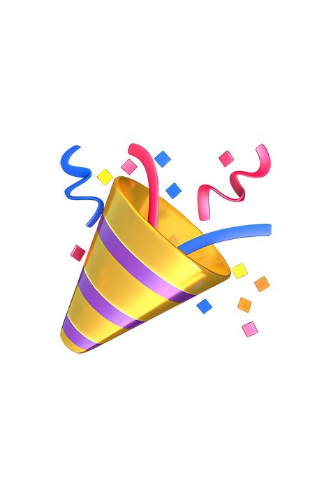 The emoji 🎉 Party Popper depicts a colorful cone-shaped object with streamers and confetti bursting out of it. The cone is typically depicted in shades of yellow, blue, and pink, with the streamers and confetti in various bright colors such as red, green, and purple. The cone is often shown at an angle, with the streamers and confetti shooting out to the right side of the emoji. Overall, the emoji conveys a sense of celebration and excitement. Cone Shape Objects, Celebrating Emoji, Confetti Drawing, Ios Emojis, Party Emoji, Emojis Iphone, Emoji Hat, Phone Emoji, Apple Emojis