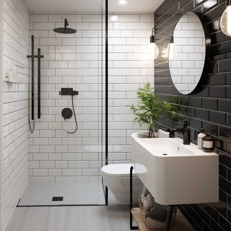 Small Black And White Bathroom, Mid Century Modern Bathroom Small, Small Toilet Design, Small White Bathrooms, Dark Bathroom Ideas, Small Full Bathroom, Monochrome Bathroom, Dark Bathroom, Bathroom Projects