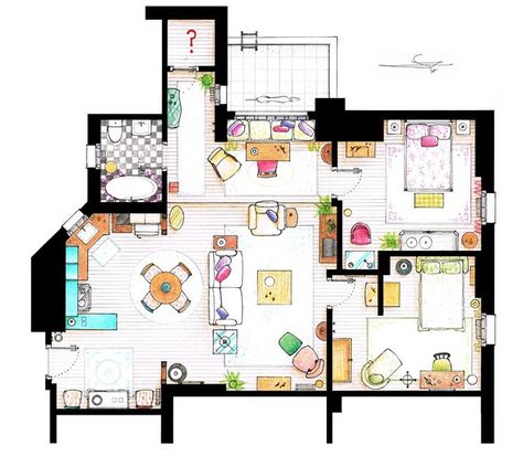 Floor Plans of your Favourite TV Shows - COOL! Monica Rachel, Friends Apartment, Famous Houses, Apartment Floor Plan, Joey Tribbiani, Apartment Floor Plans, Chandler Bing, Will And Grace, Rachel Green