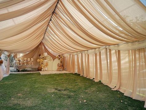 Martinez Party Rentals on Instagram: "20x40 Tent draping! #babyshower #boybabyshower #woodlandbabyshower #woodlandcreatures #woodlandtheme #tentdraping #tentrental #tentdrapingdecor #tentdecor #tablecovers #tablesetting #nudedraping #20x40 #tentrental #beartheme #bearthemebabyshower" Diy Tent Draping, Draped Tent Wedding, Tent Draping Ideas, Tent Draping Wedding, Tent Ceiling Draping, Tent With Draping, Ceiling Draping Wedding, Tent Baby Shower, Draped Tent