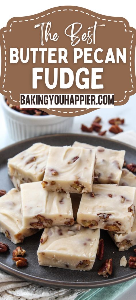 Butter Pecan Fudge, this creamy, sweet, and buttery fudge sprinkled with the perfect texture and taste of toasted pecans is easy to make! Butter Pecan Fudge 12 Tomatoes, Pecan Fudge Recipes, Tiger Butter Fudge Recipe, Butter Pecan Fudge, Butter Pecan Fudge Recipe, Pecan Fudge, Candied Pecans Recipe, Vanilla Fudge, Coconut Milk Recipes