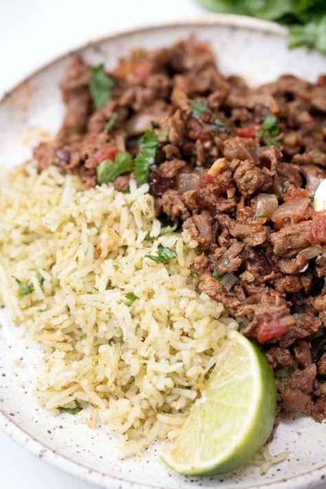 Beef Carne Picada, Carne Picada Recipes, Steak Picado, Diced Beef Recipes, Mexican Side Dish, Mexican Food Recipes Beef, Mexican Side, Carne Asada Recipes, Steak And Rice