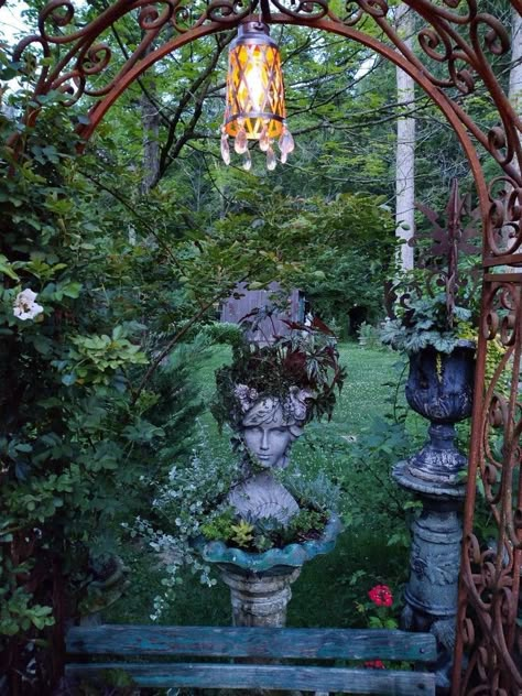 Mini Garden Decor - Garden Decorating ideas - Gardening ideas - Winter Garden Wiccan Garden Ideas Backyards, Whimsigoth Landscape, Witchy Patio, Gothic Backyard, Evergreen Backyard, Witchy Garden Aesthetic, Fairy Garden Backyard, Maximalist Garden, Witchy Backyard