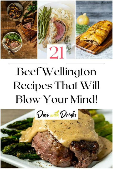 Collage of 4 beef wellington recipes. Beef Wellington Sauce Recipe, Deconstructed Beef Wellington, Beef Wellington No Mushrooms, Mini Beef Wellington Recipe, Mini Beef Wellington With Boursin Cheese, Beef Wellington Recipe Without Mushrooms, Sauce For Beef Wellington, Beef Wellington Recipe Easy, Beef Wellington Sauce