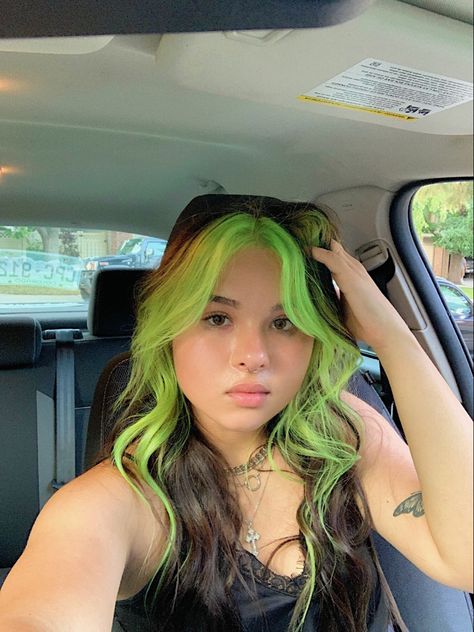 vsco: jennaservinn insta: jennaservin #tiktok #alternative #alternativegirl #altgirl #indie #hair #coloredhair #greenhairdontcare #dyedhairforbrunettes Skunk Hair Dye Green, Black With Green Underneath Hair, Neon Green Peekaboo Hair, Brown And Neon Green Hair, Neon Green Hair Streaks, Green Underdye Hair, Hair Dye Ideas Green, Green Hair Bangs, Brown And Green Hair