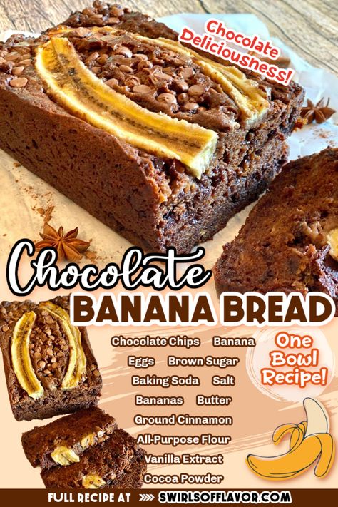 Adding cocoa powder and chocolate chips will turn a basic banana bread into a decadent Chocolate Banana Bread. You’ll not only want a slice for breakfast, you’ll want one for dessert too! Banana bread just got even more delicious! #onebowlbananabread #chocolate Chocolate Banana Bread Muffins, One Bowl Banana Bread, Banana Bread Pancakes, Chocolate Banana Bread Recipe, Banana Butter, Banana Loaf, Coconut Oatmeal, Banana Bread Muffins, Bread Muffins