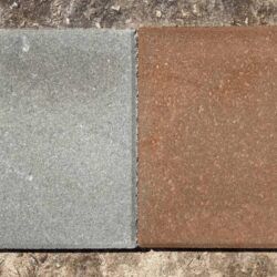 Side by side image of a plain concrete paver and a stained paver with Terra Cotta Portico Stain sealed with a Solvent-Based, Satin Acrylic Sealer Stained Concrete Pavers, Stain Pavers How To, Staining Concrete Pavers, Terracotta Stained Concrete, Stain Concrete Pavers, Stained Pavers, Staining Pavers, Staining Terracotta Tiles, Concrete Pavers Diy