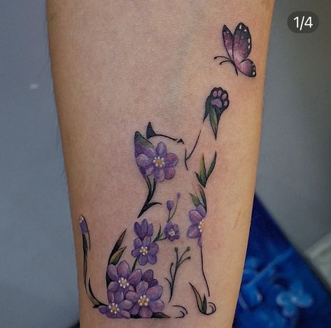 Cat Playing With Flower Tattoo, Dandelion Cat Tattoo, Hello Kitty Flower Tattoo, Cat Coverup Tattoo, In Memory Cat Tattoo, Butterfly Dog Tattoo, Cat Chasing Butterfly Tattoo, Butterfly Cat Tattoo, Cat Tattoo Flowers