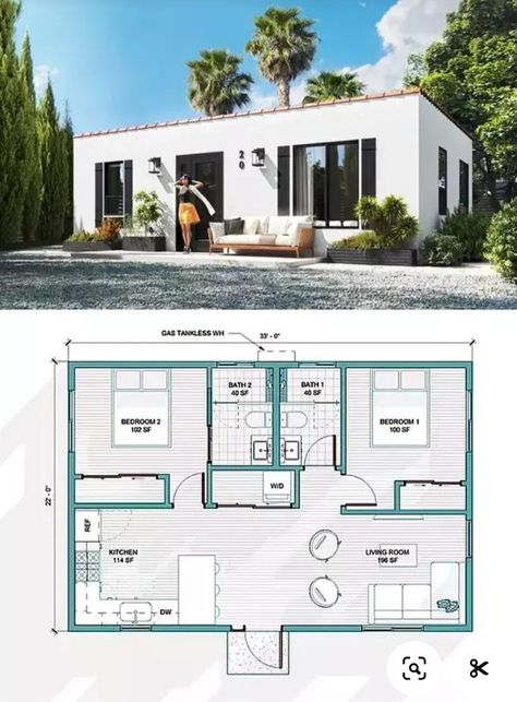 2 Bedroom Adu Floor Plans, Small House Layout 2 Bedroom, 2 Bedroom Adu, Adu Floor Plans, 2 Bedroom House Design, 2 Bedroom Bungalow, Small House Blueprints, Small Apartment Building, Spanish Bungalow