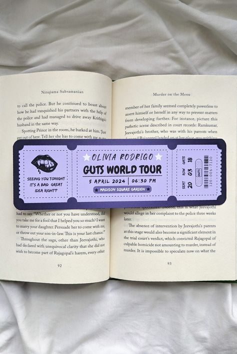 Guts Tour ticket bookmarks, lyrics from Olivia 's song Bad Idea right? Guts Tour Tickets, Guts Tickets, Eras Tour Bookmark, Guts Tour Aesthetic, Olivia Rodrigo Bookmark, Concert Tickets Aesthetic, Concert Ticket Design, Preppy Books, Ticket Bookmark