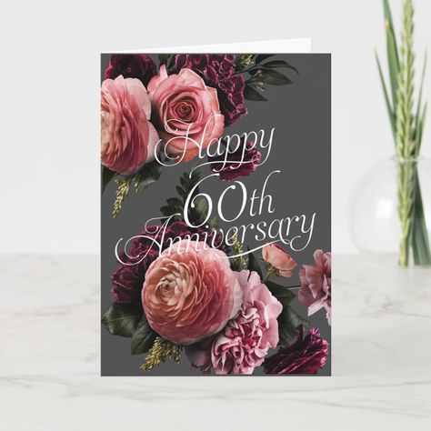 Happy 60th Anniversary-Elegant Floral Anniversary Card Size: ' ', 5" x 7". Color: Matte. Gender: unisex. Age Group: adult. Happy 60th Anniversary, 75th Wedding Anniversary, 30th Birthday Cake Topper, 60th Wedding Anniversary, Happy 25th Anniversary, Happy 50th Anniversary, 60 Wedding Anniversary, Happy Anniversary Cards, 1st Wedding Anniversary