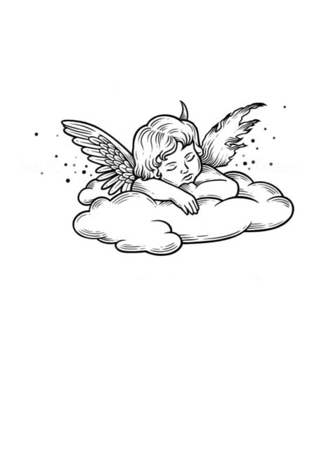 Angle Sleeping Tattoo, Angel Sleeping On Cloud Tattoo, Tattoo Of Clouds, Angel Inspired Tattoo, Cherub On Cloud Tattoo, Simple Angel Tattoos, Halo Tattoo, Cupid Tattoo, Traditional Tattoo Designs