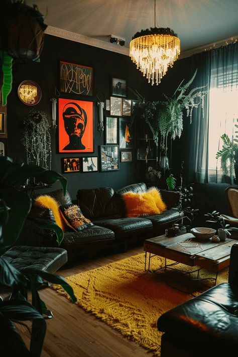 16+ Dark Living Room Ideas - Paul Paint Colorful Goth Living Room, Industrial Pop Art Interior, Moody Electric Interior, Dark Blue Moody Living Room, Cozy Gothic Living Room, Grunge Interior Design, Edgy Apartment, Cozy Dark Living Room, Punk Interior Design