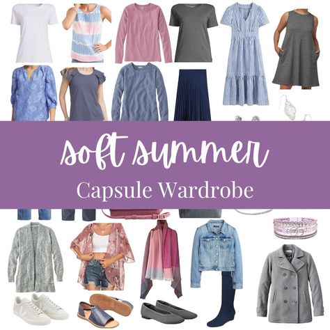 SOFT SUMMER CAPSULE WARDROBE 7 tops in cool, soft colors 4 bottoms + 2 dresses perfect for Softl Summer 5 completer pieces to style 4 pair of varied neutral shoes 8 muted and cool accessories Want to learn more about Soft Summer (or any season)? Comment “EXPLORE” to get the link. #softsummer #softsummercolors #softsummerpalette #softsummerlook #softsummerinspo #coloranalysis #seasonalcoloranalysis #summercapsulewardrobe #capsulewardrobe #capsulewardrobechallenge #capsulewardrobeblogger #su... Soft Summer Color Palette Outfits Capsule Wardrobe, Soft Summer Wardrobe Capsule, Soft Summer Capsule, Soft Summer Capsule Wardrobe, Soft Summer Wardrobe, Soft Summer Color Palette Outfits, Soft Summer Outfits Inspiration, Soft Summer Clothes, Soft Summer Outfits