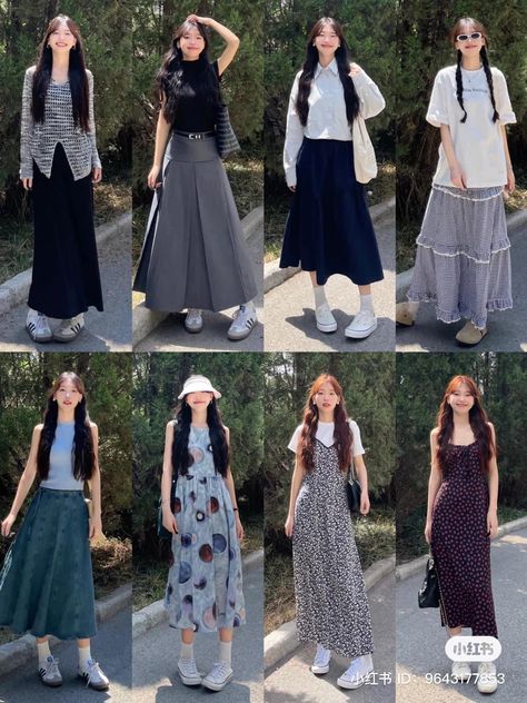 Skirt Outfits Korean Long, Long Skirt Korean Style, Outfit Ideas Summer Long Skirt, Korean Outfits Long Skirt, Japan Clothes Aesthetic, Japan Skirt Outfit, Japanese Long Skirt Outfit, Korean Long Skirt Fashion, Japanese Skirt Outfits