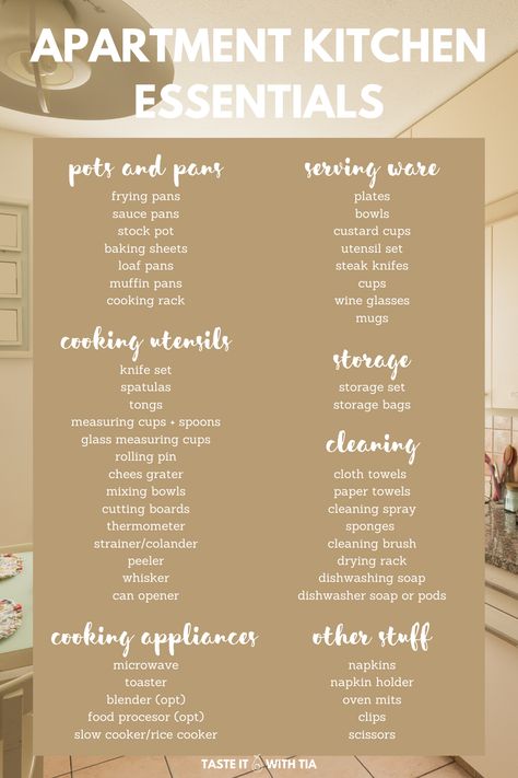 I've created a list of 50  items that you need when you are moving into your first apartment, whether you are in college or got your first job or moving away from home. You'll find a complete list of items plus the total costs of the items   links to affordable versions of these items. Stocking your first apartment kitchen doesn't need to be expense, if fact, it can be very cheap and affordable! List Of Things Needed In Kitchen, Kitchen Basic Essentials, First Home Kitchen Essentials, Kitchen Supply List, Apartment Kitchen Needs, College Apartment Kitchen Essentials, Kitchen Needs For First Apartment, Apartment Decorating On A Budget Kitchen, Move In List First Apartment