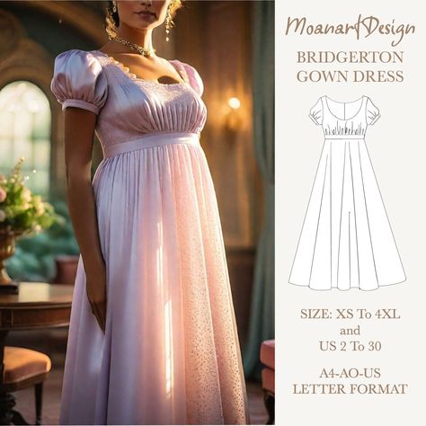 Bridal gown inspired by Bridgerton TV series - PDF sewing pattern - A0, A4, US Letter - US 2 to 30 Bridgerton Gown, Dress Pdf Pattern, High Waisted Dress, Regency Dress, Seam Allowance, Dress Making Patterns, High Waist Dress, Woven Fabrics, Easy Sewing Projects