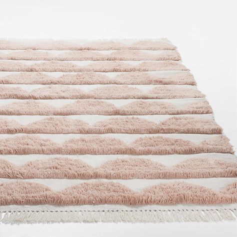 Oulu Kids Handwoven Pink and White Scallop Textured Kids Performance Rug with Fringe 4x6 + Reviews | Crate & Kids Pink Nursery Rug, Girls Bedroom Rug, Nursery Rugs Girl, Pink And Green Nursery, Ivory Throw Blanket, Boho Nursery Girl, Boys Rug, Girls Rugs