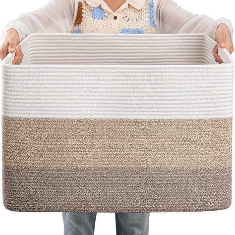 PRICES MAY VARY. Cotton 100% Cotton Rope Storage Basket：OIAHOMY woven baskets are made of 100% natural cotton, chemical and odor free, there are no sharp or hard edges to scratch floos, and safe for kids and pets. It is more firm than plastic basket Decorative Blanket Storage for Living Room:This rectangular blanket basket is more stable and easier to restore its sahpe after you receive the package. The 24.8’’ x 15.75’’ x 15.75’’ large storage basket can also used to store blankets, pillows, cus Large Blanket Basket, Storage Nursery, Woven Laundry Basket, Baskets For Storage, Large Woven Basket, Cotton Rope Basket, Bedroom Toys, Large Laundry Basket, Plastic Alternatives