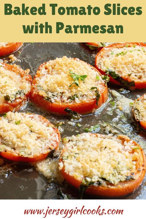 These Baked Tomatoes Slices are baked in the oven with basil, parmesan and panko breadcrumbs. They are juicy, flavorful and cheesy. A perfect appetizer or side dish for any time of the year. Pan Seared Tomatoes, Baked Tomatoes With Cheese, Baked Tomatoes With Parmesan, Oven Baked Tomatoes, Baked Tomato Slices, Tomato Side Dish Recipes, Tomato Side Dish, Parmesan Tomatoes, Tomato Side Dishes