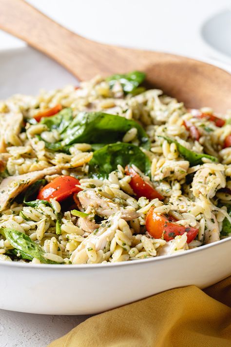 Pesto Chicken and Orzo Salad Orzo Pasta Salad With Chicken, Orzo Salad Chicken, Orzo Lunch Recipes, Orzo Salad With Chicken, Orzo Chicken Salad Recipes, Pesto Orzo Pasta, Healthy Orzo Salad, Orzo Chicken Salad, Chicken Orzo Salad