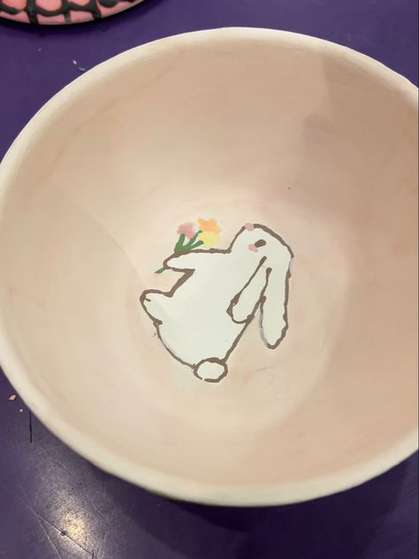 Bunny 🩷🩷🩷 Rabbit Pottery Painting Ideas, Bunny Ceramic Painting, Bunny Pottery Painting, Pottery Painting Ideas Bowls, Bunny Pottery, Girly Activities, Pretty Ceramics, Rabbit Pottery, Pottery Bunny