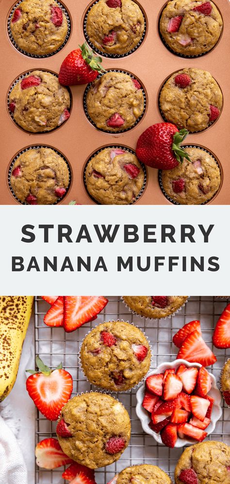 These Strawberry Banana Muffins are a deliciously healthy breakfast or snack where each bite is a burst of fruity flavor! Packed with whole grains and juicy strawberries that add a tart, sweet, jammy contrast to the creamy richness of the banana bread muffin batter. #strawberrybananamuffins #muffinrecipes Strawberry Muffins Healthy, Strawberry Banana Muffins, Banana Muffins Easy, Simple Muffin Recipe, Strawberry Muffins, Banana Muffin Recipe, Banana Bread Muffins, Healthy Strawberry, Muffin Batter