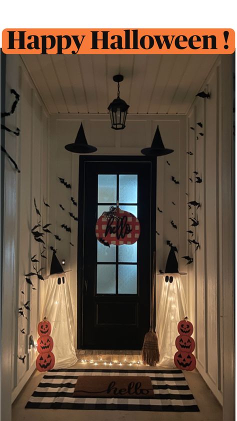 Halloween Ghosts Front Porch! Small Front Door Halloween Decor, Halloween Apartment Decor Front Doors, Simple Halloween Front Porch, Fall Decor Above Kitchen Cabinets, Fall Decor Hobby Lobby, Outdoor Fall Decor Diy, Apartment Fall Decor, Fall Decor Aesthetic, Halloween Entryway Decor