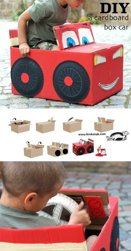 DIY Cardboard Box Car Cardboard Box Car, Diy Karton, Cardboard Car, Cardboard Box Crafts, Cardboard Toys, Cars Theme Birthday Party, Craft Things, Kraf Diy, Diy Bricolage