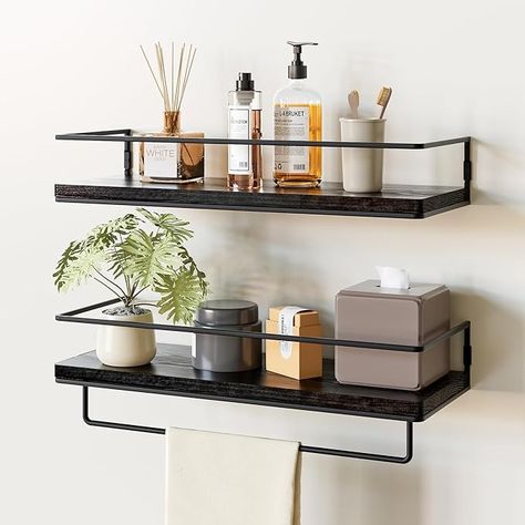 Amazon.com: ZGO Floating Shelves for Wall Set of 2, Wall Mounted Storage Shelves with Black Metal Frame and Towel Rack for Bathroom, Bedroom, Living Room, Kitchen, Office (Black) : Home & Kitchen Bathroom Decor Storage, Wall Mounted Shelving Unit, Wood Wall Shelves, Pine Wood Walls, Wall Mounted Storage Shelves, Rustic Wall Shelves, Shelves For Wall, Bathroom Shelf Decor, Wall Mounted Bookshelves