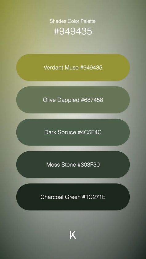 Shades Color Palette Verdant Muse #949435 · Olive Dappled #687458 · Dark Spruce #4C5F4C · Moss Stone #303F30 · Charcoal Green #1C271E Moss Color Palette, Canva Colors, Moss Color, Hex Color Palette, Palette Color, Model Paint, Hex Colors, Paint Ideas, Unique Colors