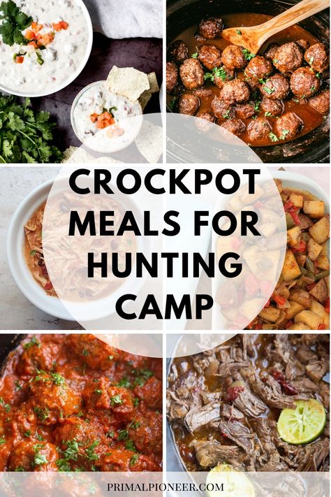 If you're a hunter looking to up your hunting camp game this season, look no further than these crockpot meals for hunting camp. Hunting Camp Food Ideas, Food To Take On Hunting Trip, Hunting Camp Decorating Ideas, Camp Crockpot Meals, Hunting Lodge Meals, Easy Hunting Meals, Hunting Dinner Ideas, Cabin Crockpot Meals, Hunting Food Ideas Camping Meals