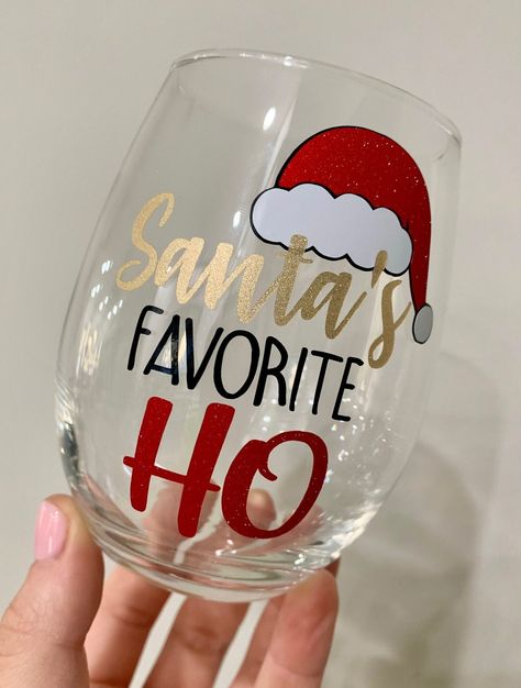 "This listing is for a personalized, 15 oz. stemless wine glass. Each wine glass is handmade to order and are HAND-WASH ONLY! Designs are made with high-quality, permanent vinyl. Vinyl color is defaulted to glitter red and glitter red, but can be substituted. Please see below for available colors! Add a name on the back of the glass in glitter red for only $1.00 more! Please enter the name you would like in the note to seller upon checkout. PERFECT FOR: ♥ Christmas gift ♥ Birthday gift ♥ Girlfri Christmas Glitter Wine Tumbler, Wine Glass Christmas, Funny Wine, Christmas Wine, Funny Christmas, Wine Glass, Wine, Glass, Christmas