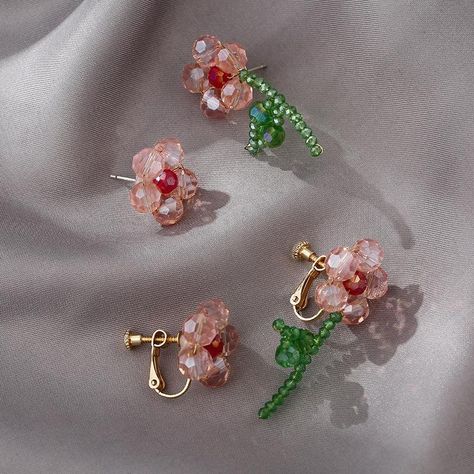 Woven Earrings, Summer Earring, Pink Beads, Crystal Flower, Beaded Flowers, Flower Earrings, Crystal Earrings, Crystal Beads, Hand Woven