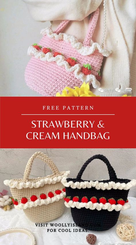 This is a strawberry handbag crochet pattern. It looks small but can actually hold a lot of things. This project is very easy so it can be a good starting project for beginners. This pattern is completely free, please visit www.woollyisland.com to see more! Crochet Strawberry Cardigan Pattern Free, Kawaii Crochet Bag Pattern Free, Easy Kawaii Crochet, Crochet Cute Bag Pattern, Practical Crochet Projects Free, Small Things To Crochet Free Patterns, Crochet Mini Handbag, Crochet Bag Strawberry, Crochet Small Purse Pattern Free